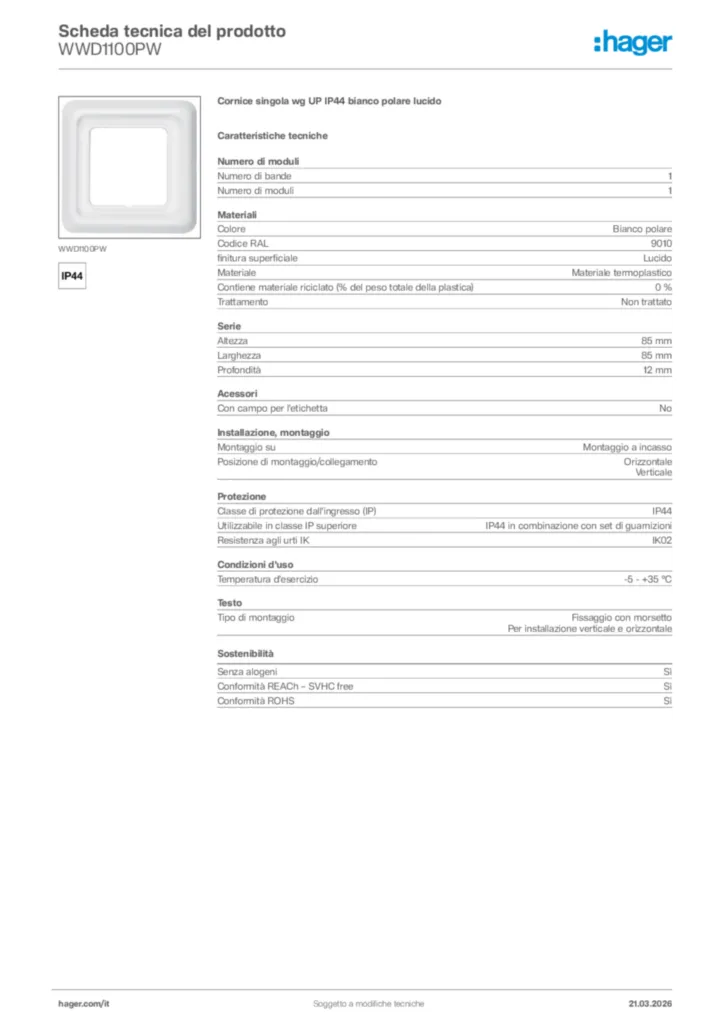 Immagine Hager Scheda tecnica del prodotto WWD1100PW | Hager Italia