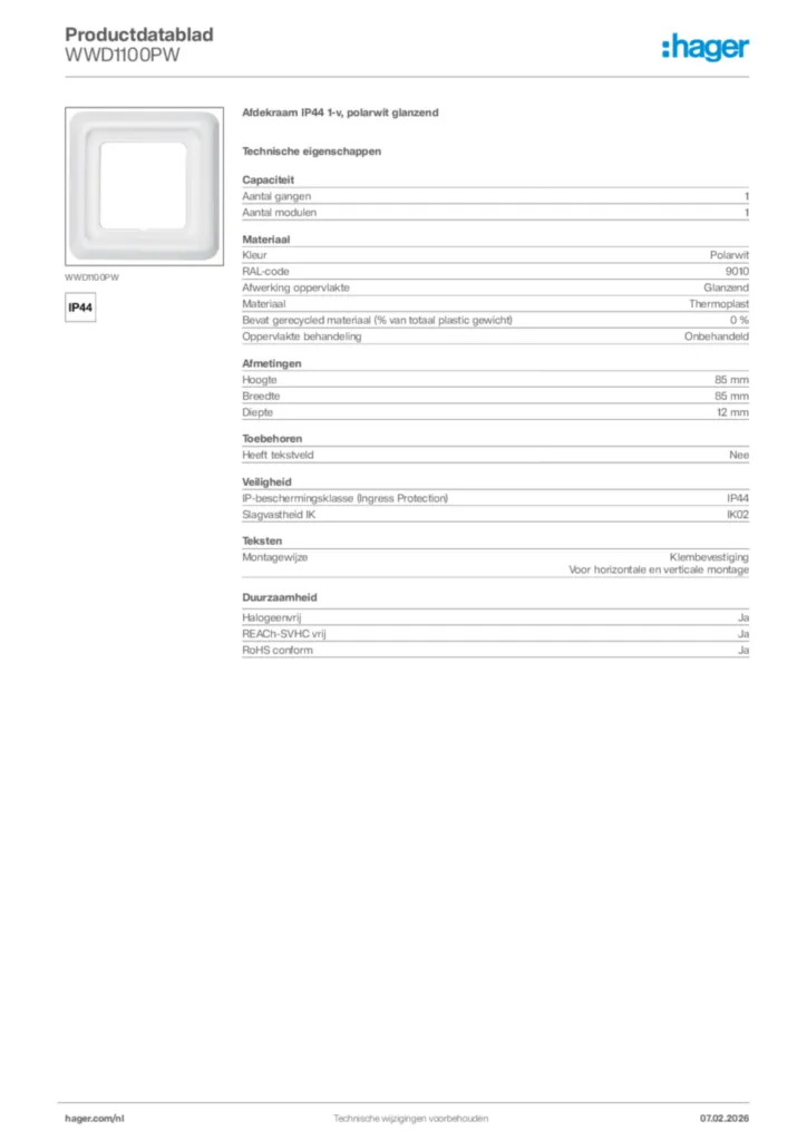 Afbeelding Hager Productdatablad WWD1100PW | Hager Nederland