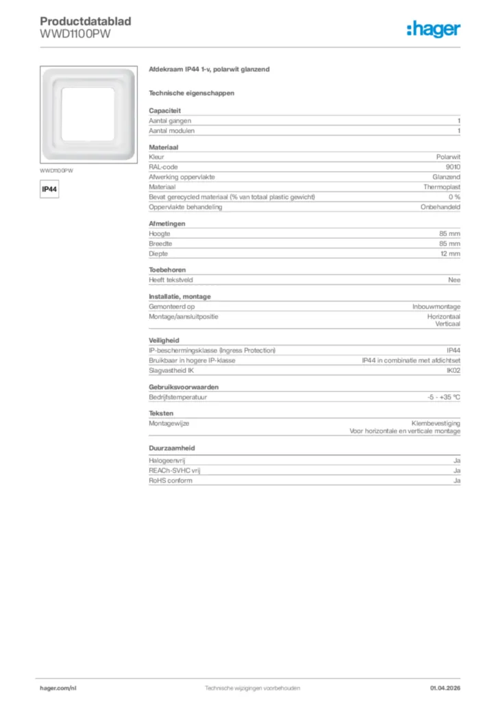 Afbeelding Hager Productdatablad WWD1100PW | Hager Nederland