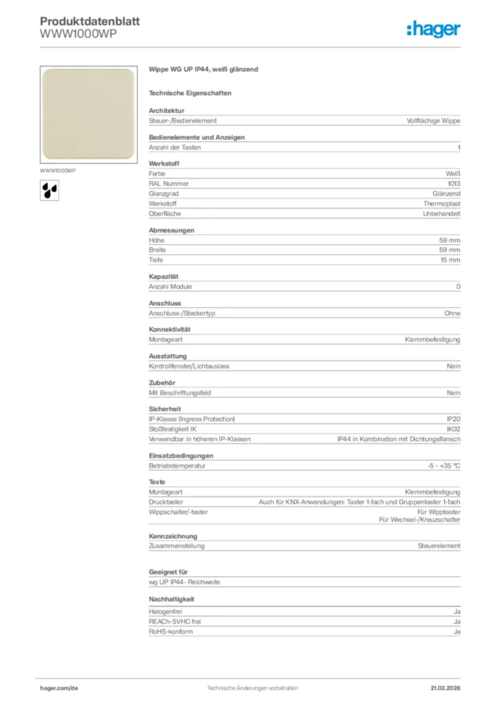 Bild Hager Produktdatenblatt WWW1000WP | Hager Deutschland