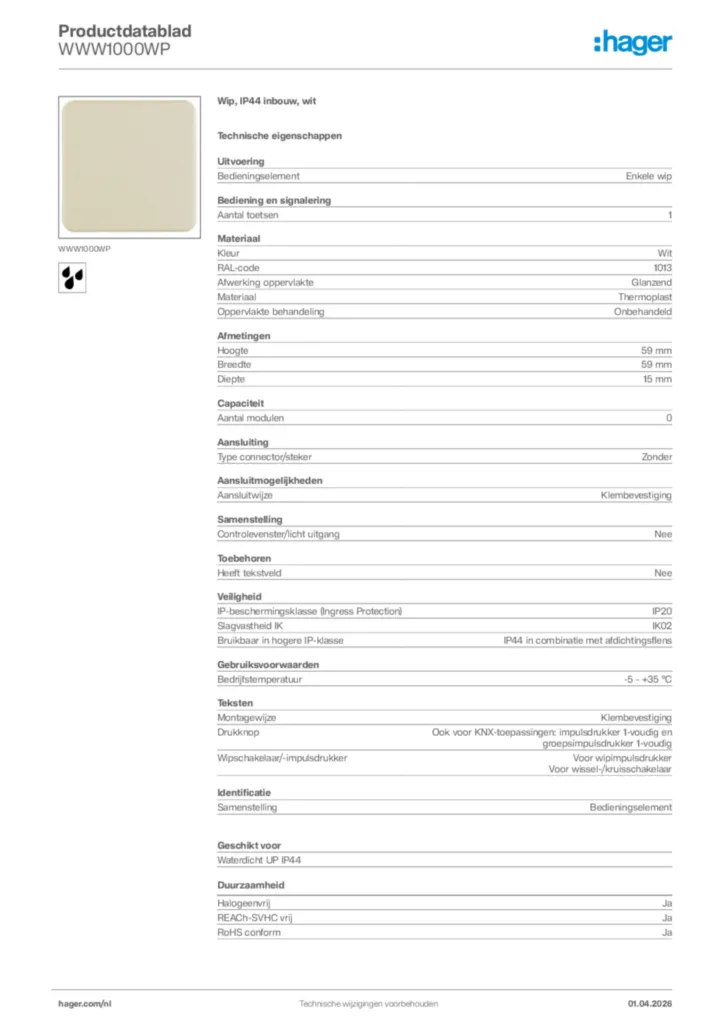 Afbeelding Hager Productdatablad WWW1000WP | Hager Nederland