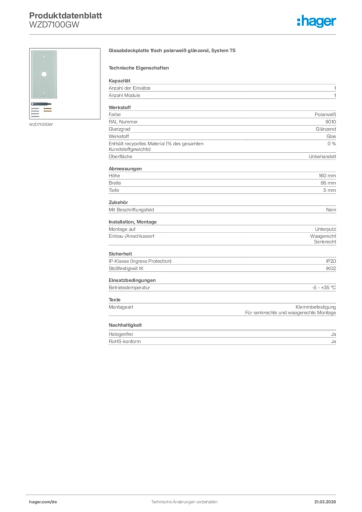 Bild Hager Produktdatenblatt WZD7100GW | Hager Deutschland