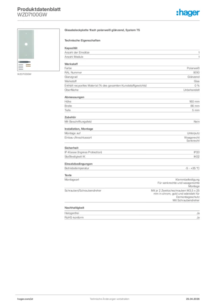 Bild Hager Produktdatenblatt WZD7100GW | Hager Deutschland