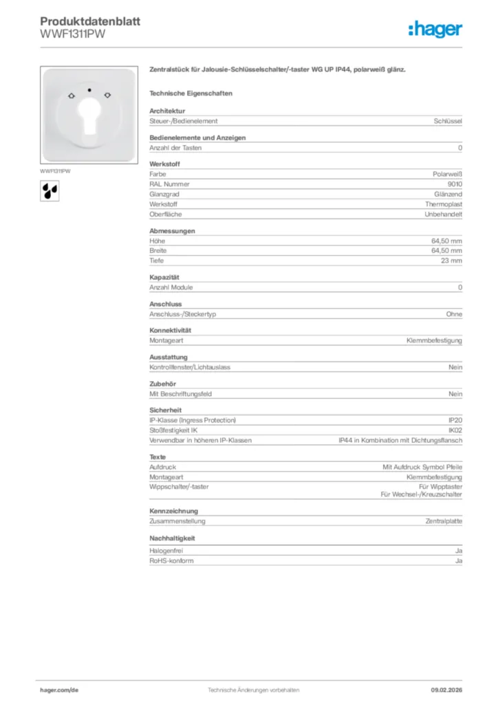 Bild Hager Produktdatenblatt WWF1311PW | Hager Deutschland