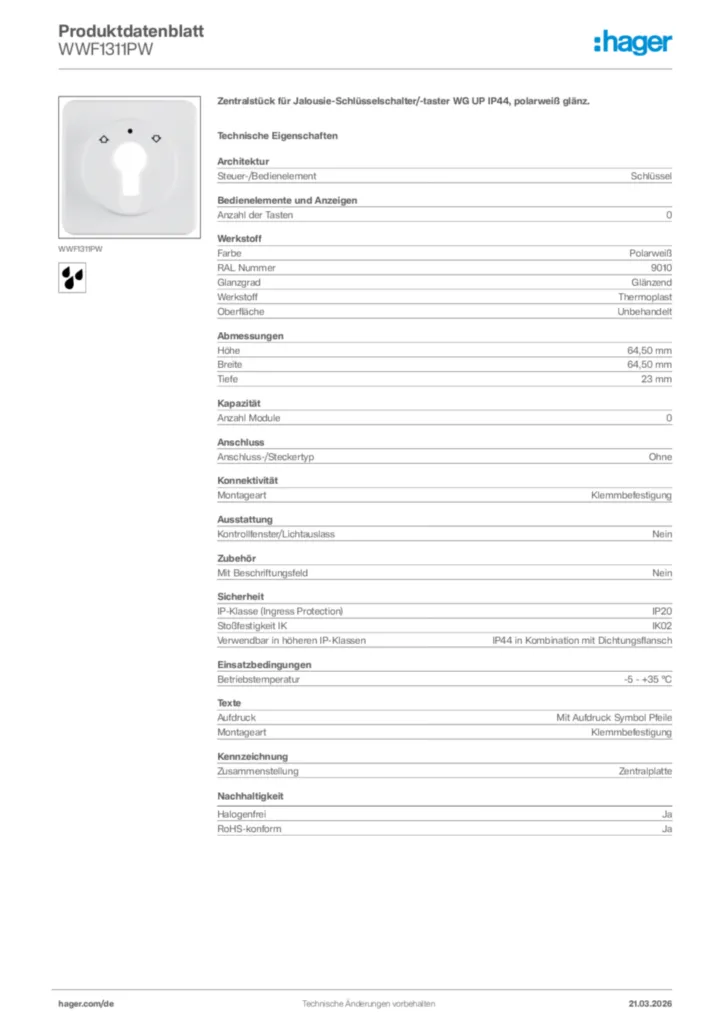 Bild Hager Produktdatenblatt WWF1311PW | Hager Deutschland