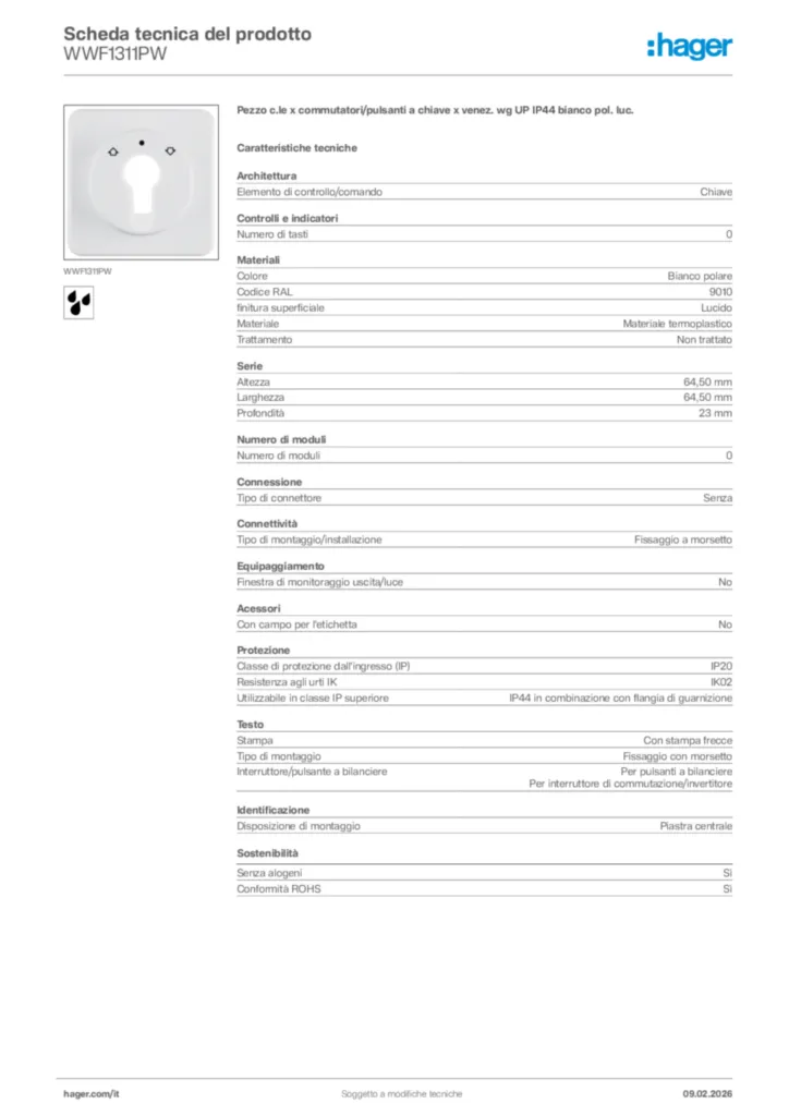 Immagine Hager Scheda tecnica del prodotto WWF1311PW | Hager Italia