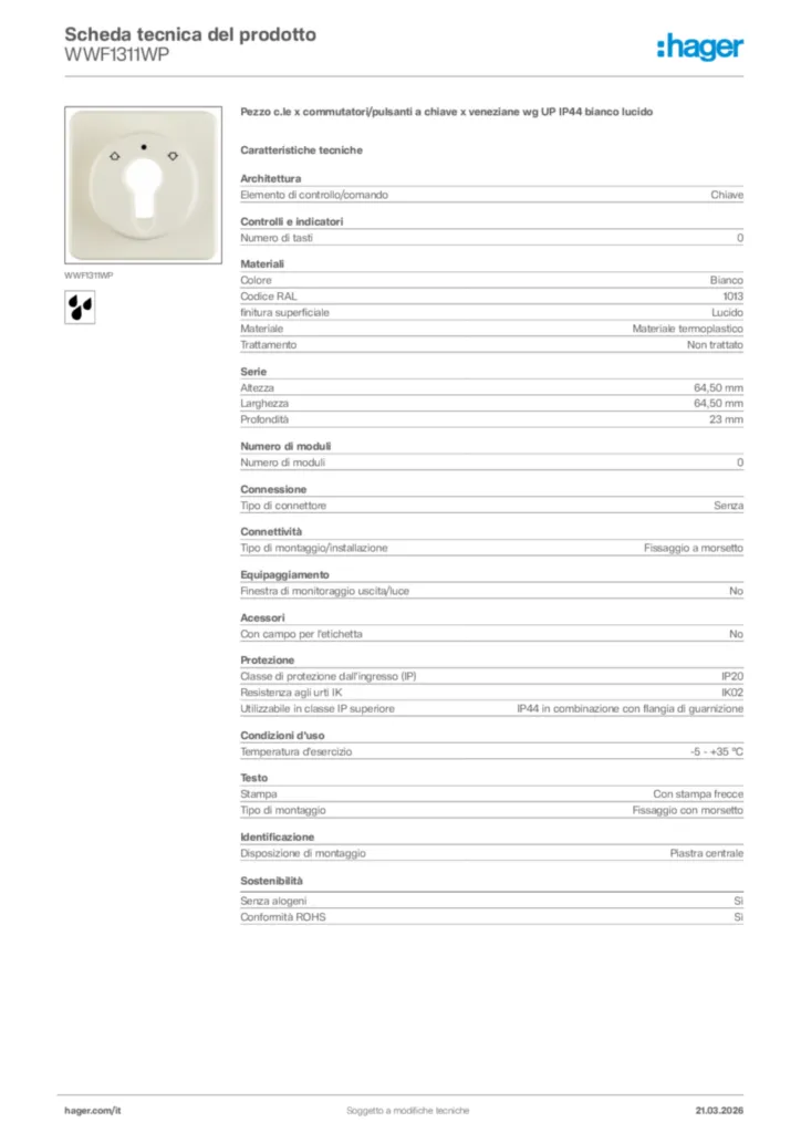 Immagine Hager Scheda tecnica del prodotto WWF1311WP | Hager Italia