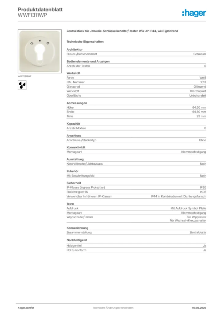 Bild Hager Produktdatenblatt WWF1311WP | Hager Deutschland