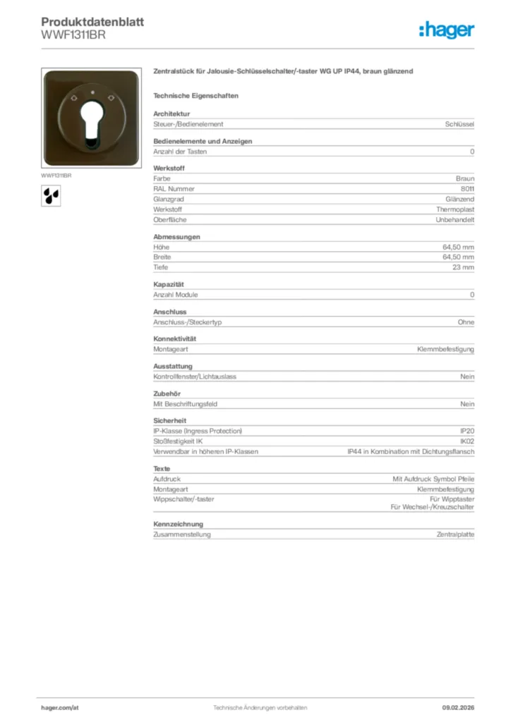 Bild Hager Produktdatenblatt WWF1311BR | Hager Deutschland