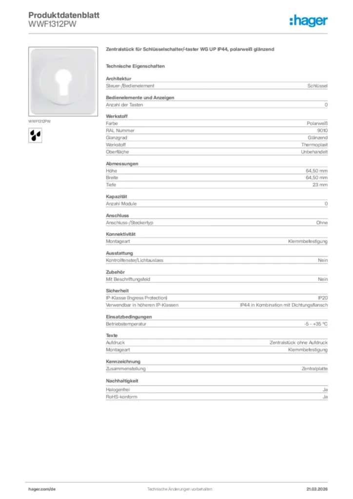 Bild Hager Produktdatenblatt WWF1312PW | Hager Deutschland