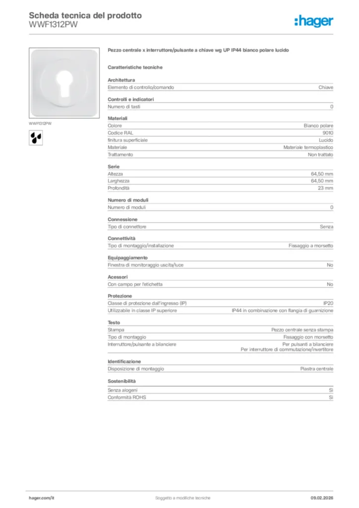 Immagine Hager Scheda tecnica del prodotto WWF1312PW | Hager Italia