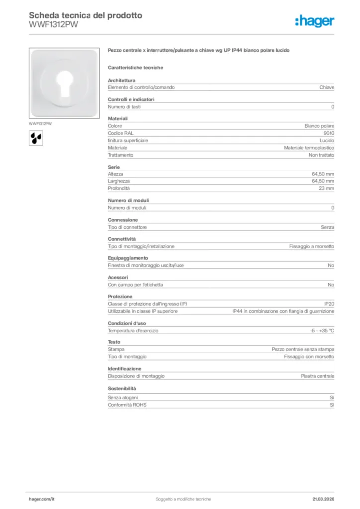 Immagine Hager Scheda tecnica del prodotto WWF1312PW | Hager Italia