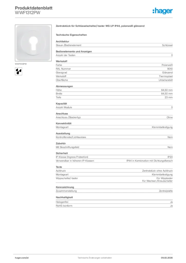 Bild Hager Produktdatenblatt WWF1312PW | Hager Deutschland