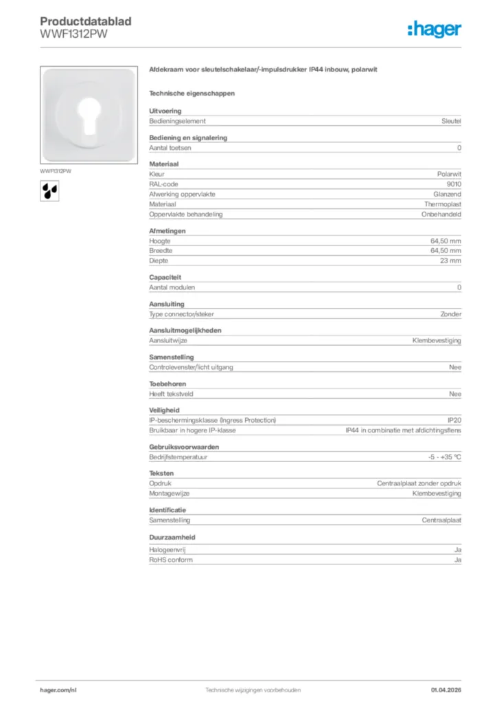 Afbeelding Hager Productdatablad WWF1312PW | Hager Nederland