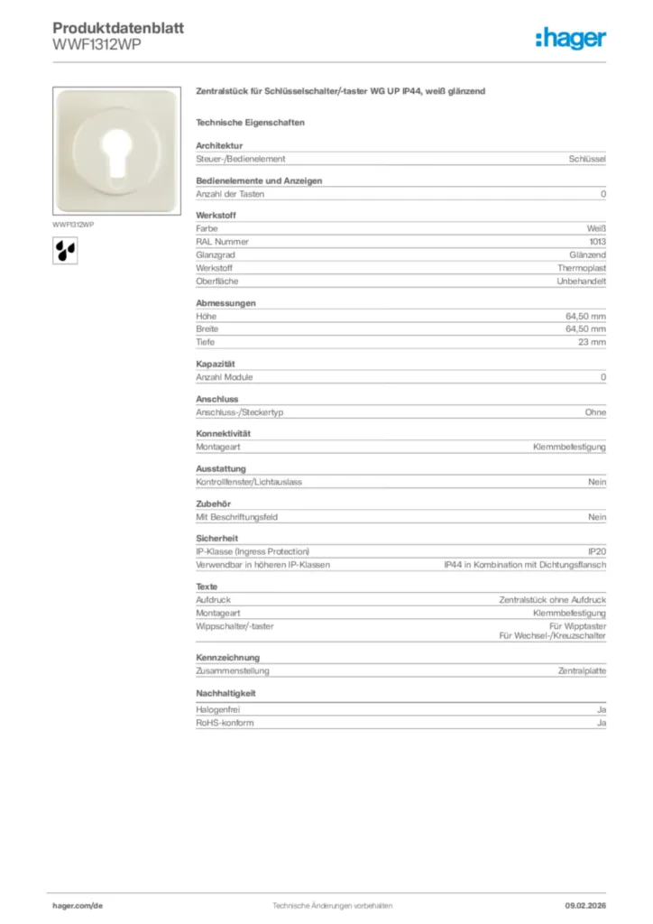 Bild Hager Produktdatenblatt WWF1312WP | Hager Deutschland