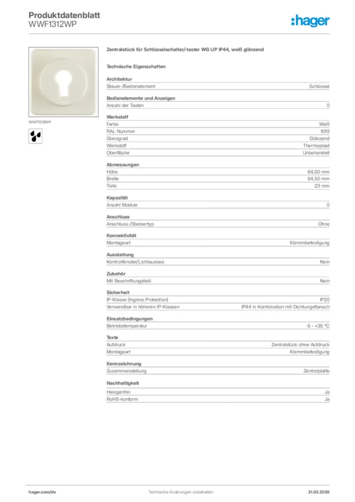 Bild Hager Produktdatenblatt WWF1312WP | Hager Deutschland