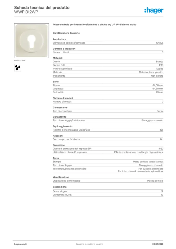 Immagine Hager Scheda tecnica del prodotto WWF1312WP | Hager Italia