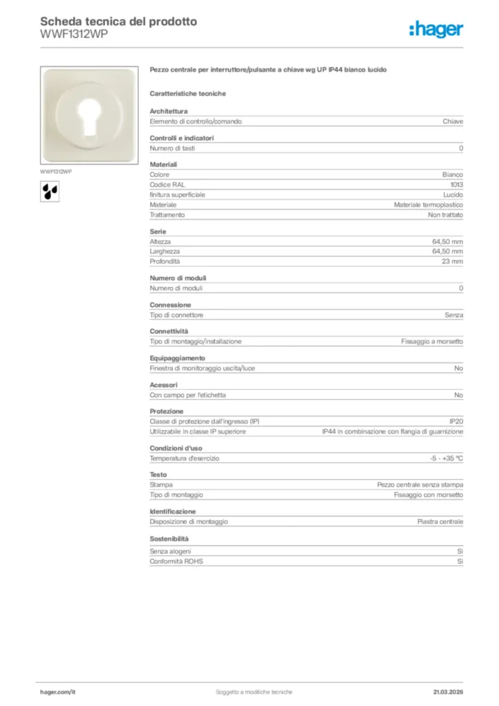 Immagine Hager Scheda tecnica del prodotto WWF1312WP | Hager Italia