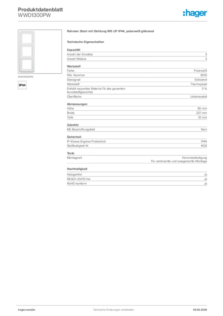 Bild Hager Produktdatenblatt WWD1300PW | Hager Deutschland