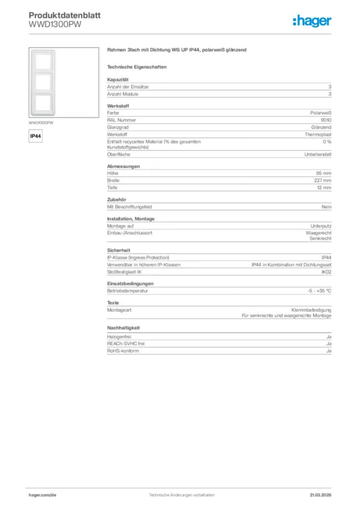 Bild Hager Produktdatenblatt WWD1300PW | Hager Deutschland