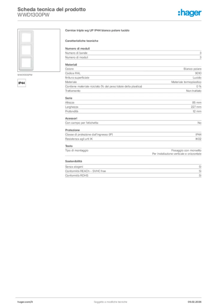 Immagine Hager Scheda tecnica del prodotto WWD1300PW | Hager Italia