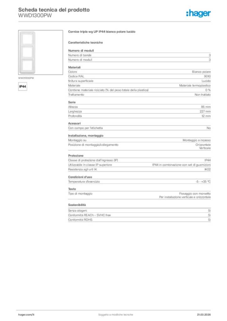 Immagine Hager Scheda tecnica del prodotto WWD1300PW | Hager Italia
