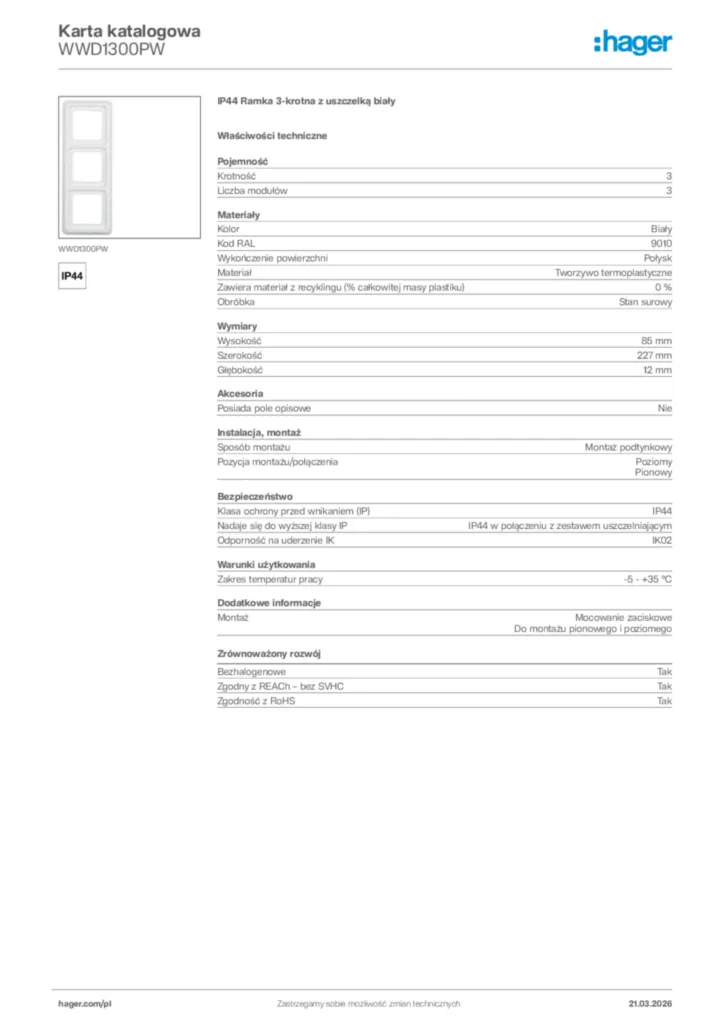 Zdjęcie Hager Karta katalogowa WWD1300PW | Hager Polska