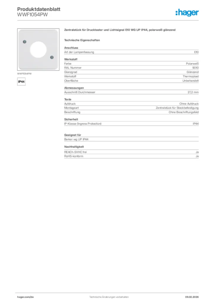 Bild Hager Produktdatenblatt WWF1054PW | Hager Deutschland