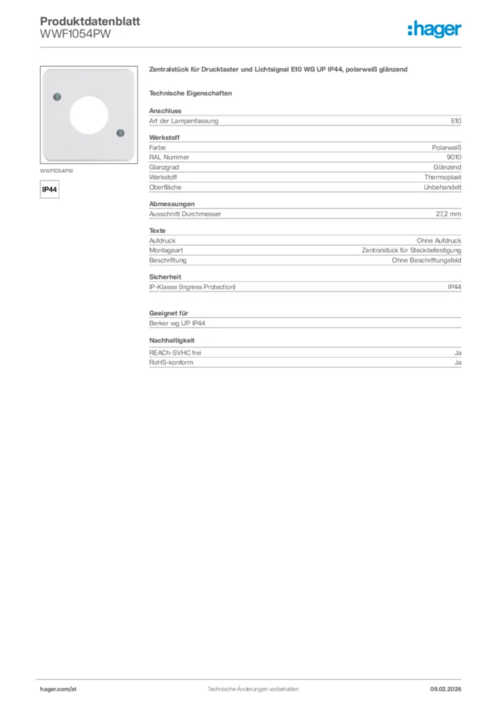 Bild Hager Produktdatenblatt WWF1054PW | Hager Deutschland