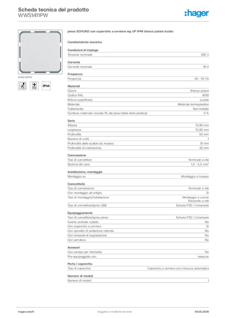 Immagine Hager Scheda tecnica del prodotto WWS1411PW | Hager Italia