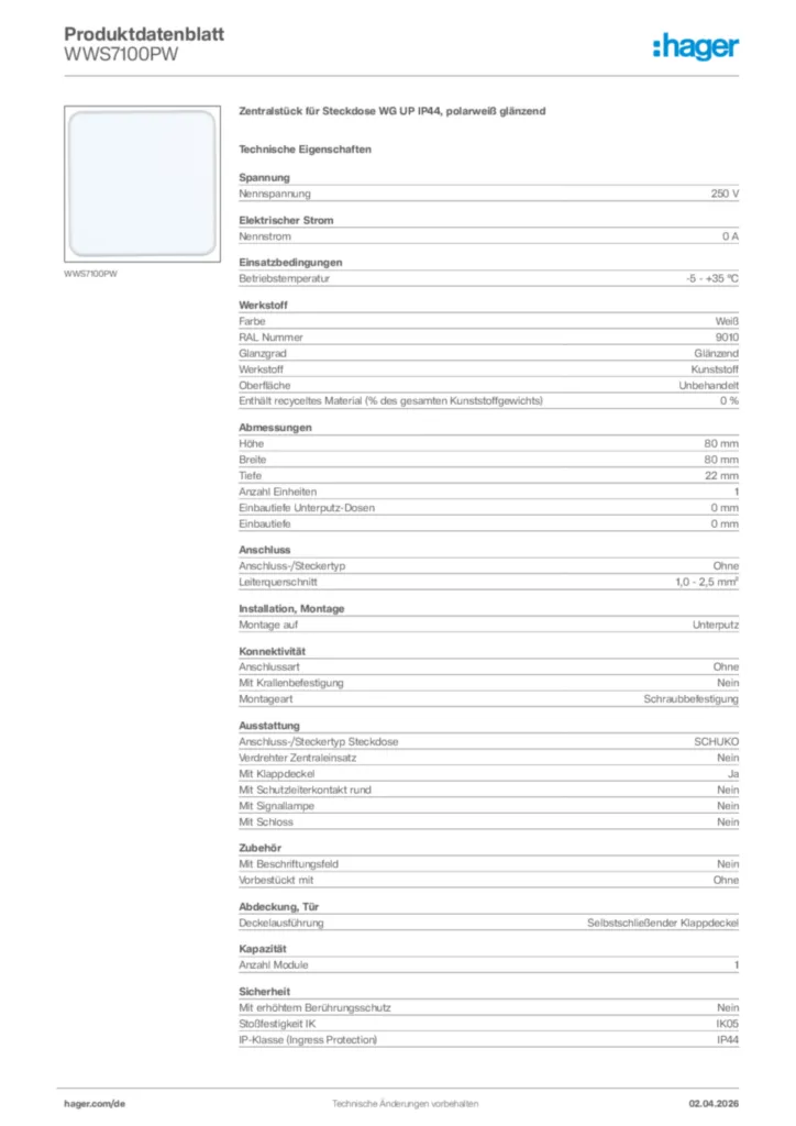 Bild Hager Produktdatenblatt WWS7100PW | Hager Deutschland