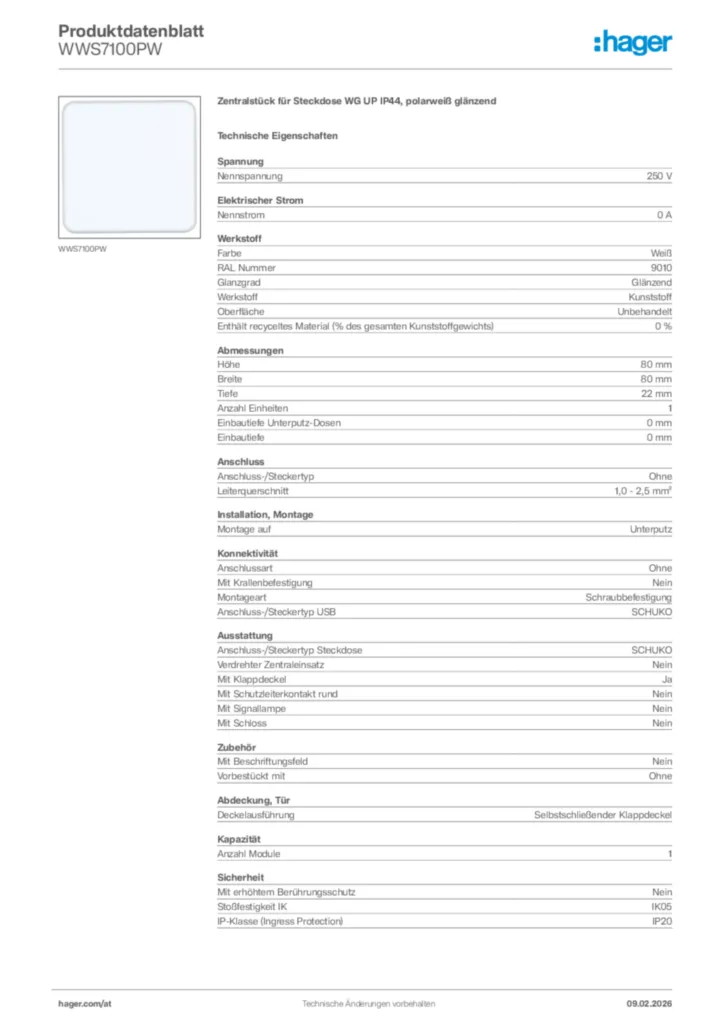 Bild Hager Produktdatenblatt WWS7100PW | Hager Deutschland