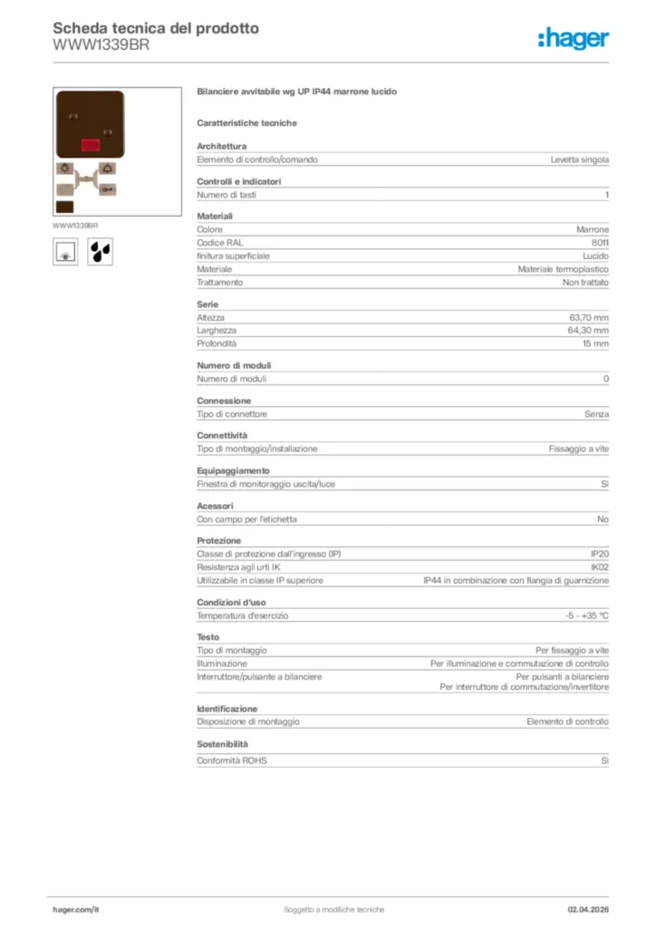 Immagine Hager Scheda tecnica del prodotto WWW1339BR | Hager Italia