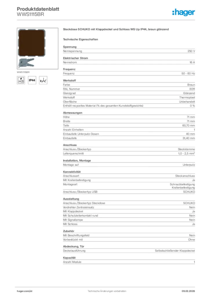 Bild Hager Produktdatenblatt WWS1115BR | Hager Deutschland