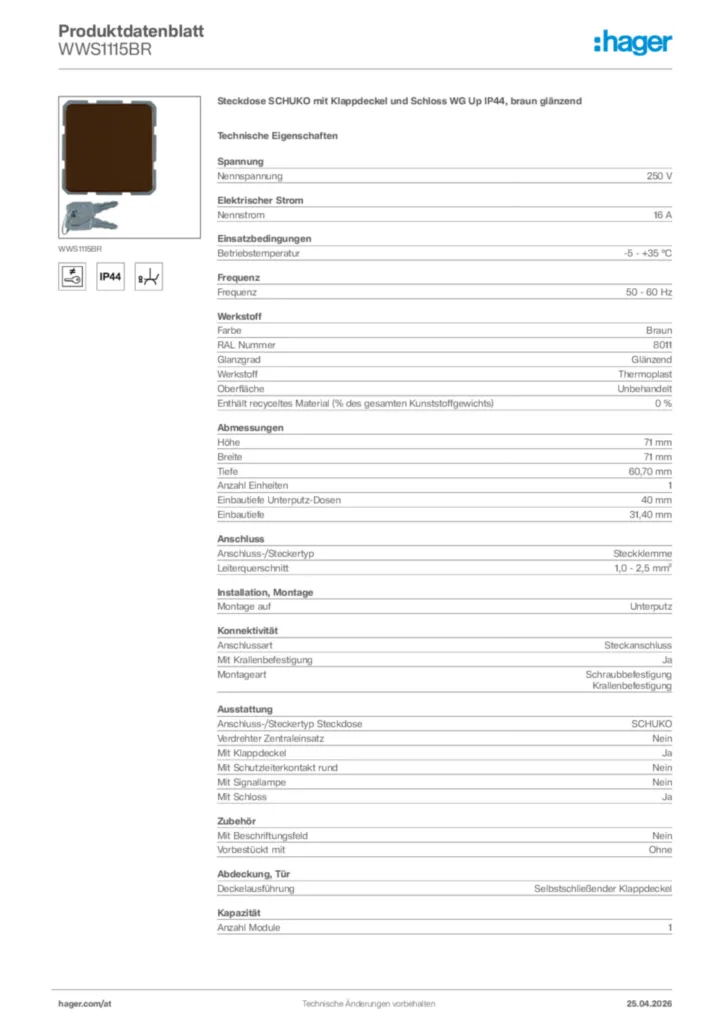 Bild Hager Produktdatenblatt WWS1115BR | Hager Deutschland