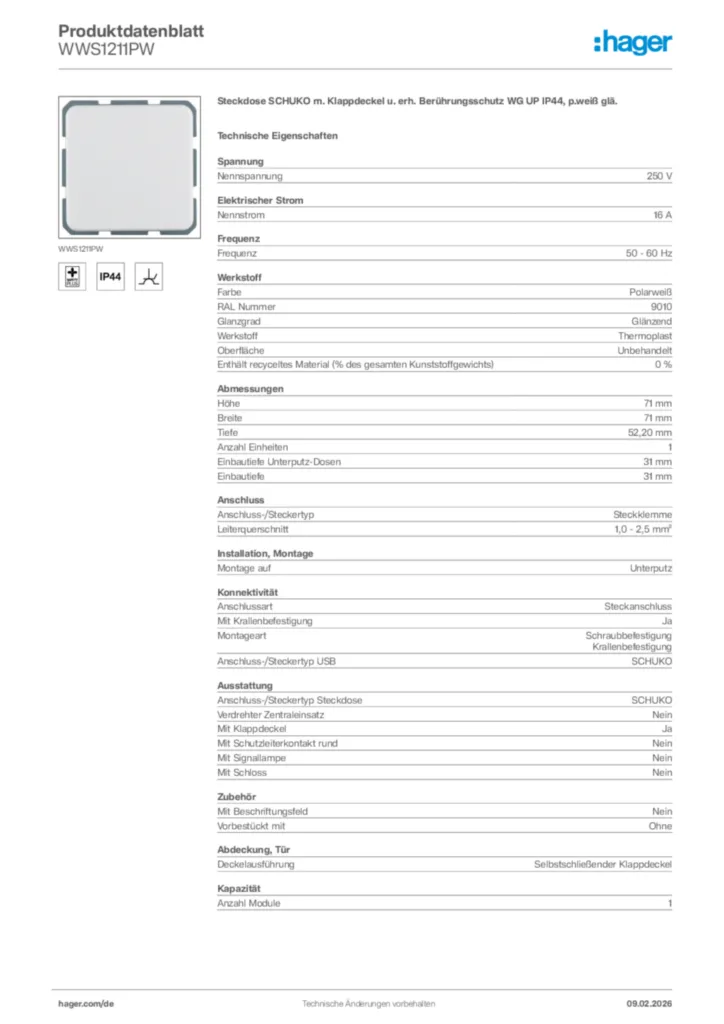 Bild Hager Produktdatenblatt WWS1211PW | Hager Deutschland