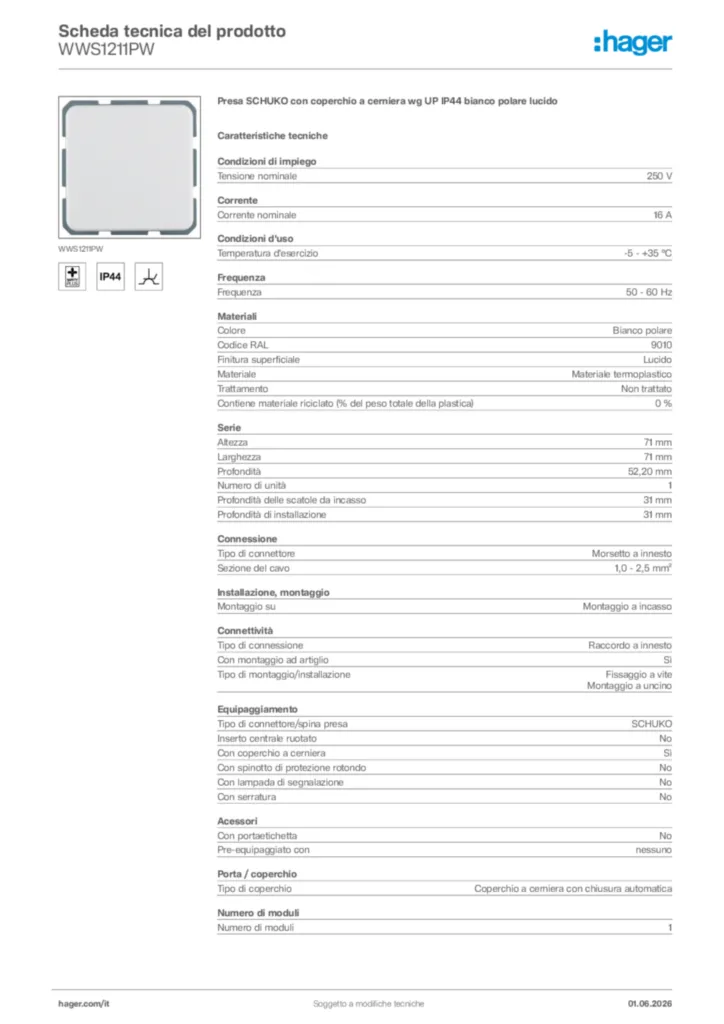 Immagine Hager Scheda tecnica del prodotto WWS1211PW | Hager Italia