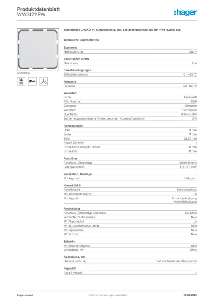 Bild Hager Produktdatenblatt WWS1211PW | Hager Deutschland