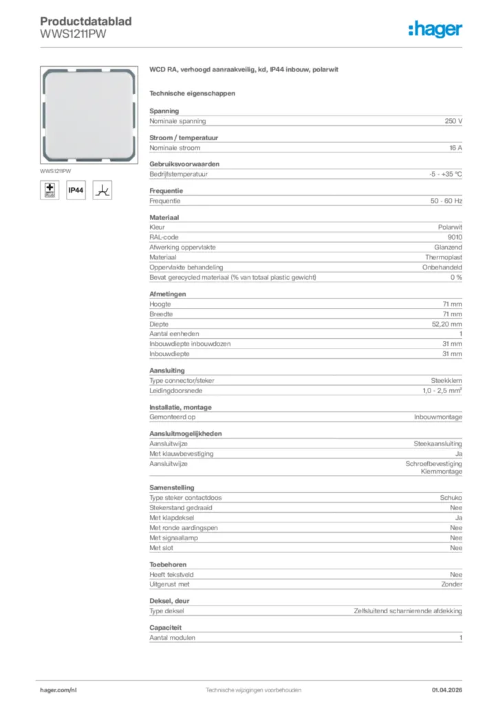 Afbeelding Hager Productdatablad WWS1211PW | Hager Nederland