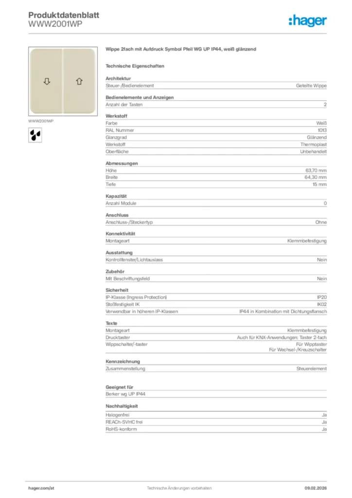 Bild Hager Produktdatenblatt WWW2001WP | Hager Deutschland