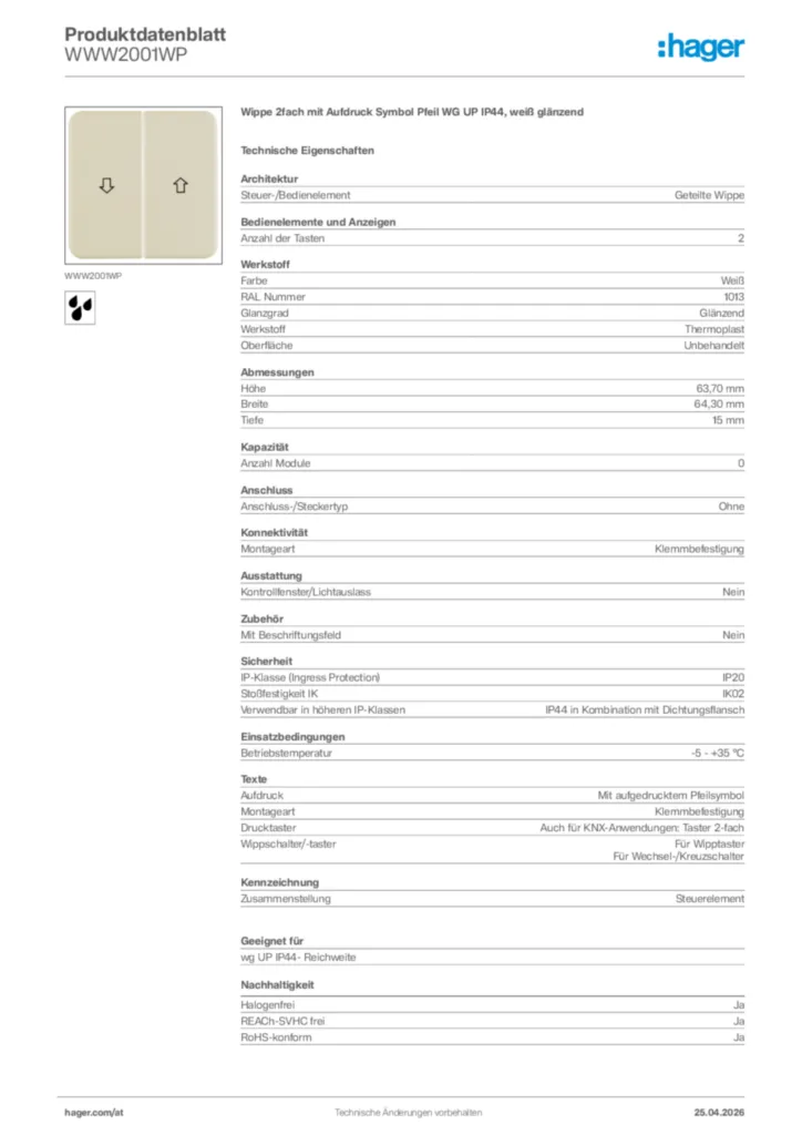 Bild Hager Produktdatenblatt WWW2001WP | Hager Deutschland