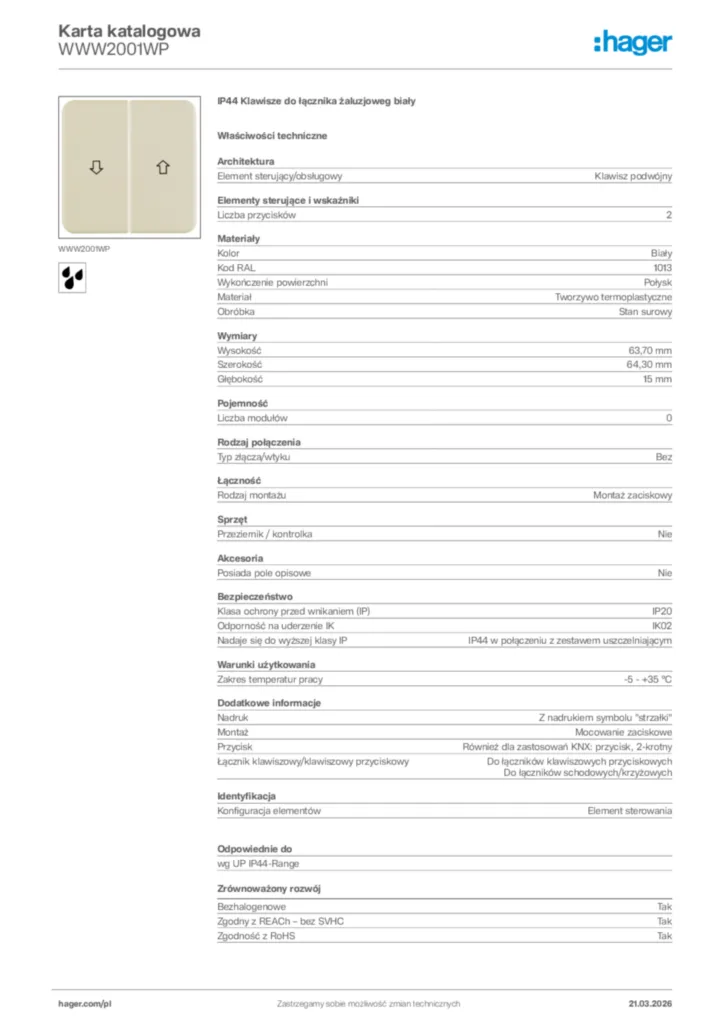 Zdjęcie Hager Karta katalogowa WWW2001WP | Hager Polska