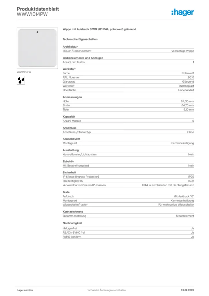 Bild Hager Produktdatenblatt WWW1014PW | Hager Deutschland