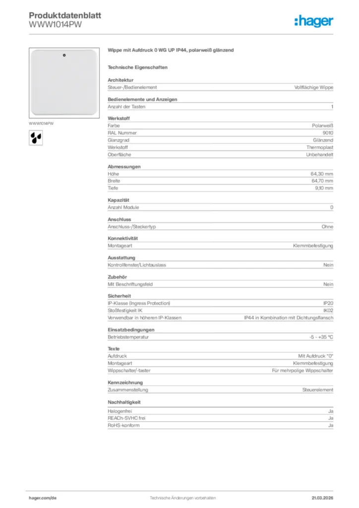 Bild Hager Produktdatenblatt WWW1014PW | Hager Deutschland