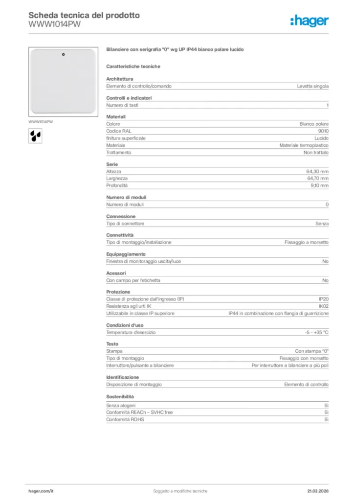 Immagine Hager Scheda tecnica del prodotto WWW1014PW | Hager Italia