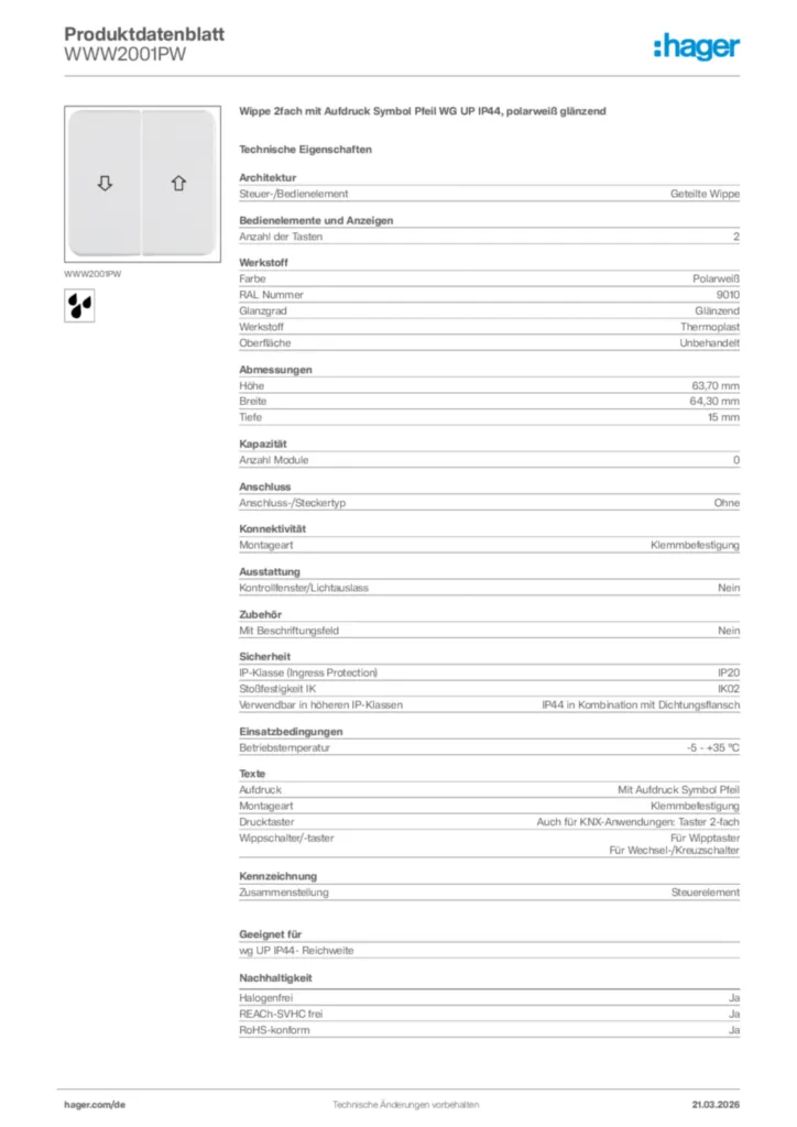 Bild Hager Produktdatenblatt WWW2001PW | Hager Deutschland