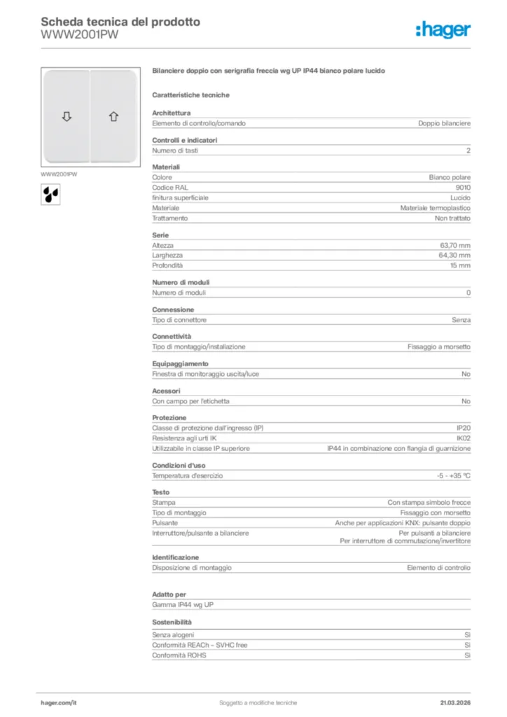 Immagine Hager Scheda tecnica del prodotto WWW2001PW | Hager Italia