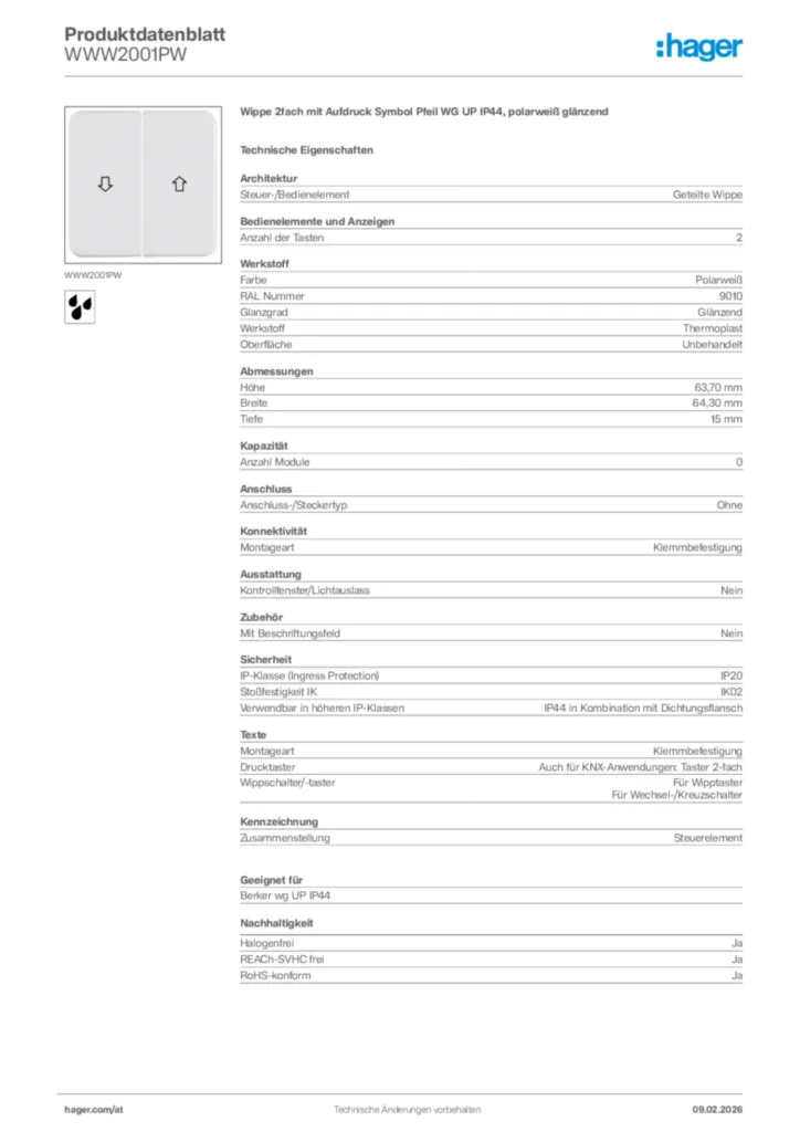 Bild Hager Produktdatenblatt WWW2001PW | Hager Deutschland