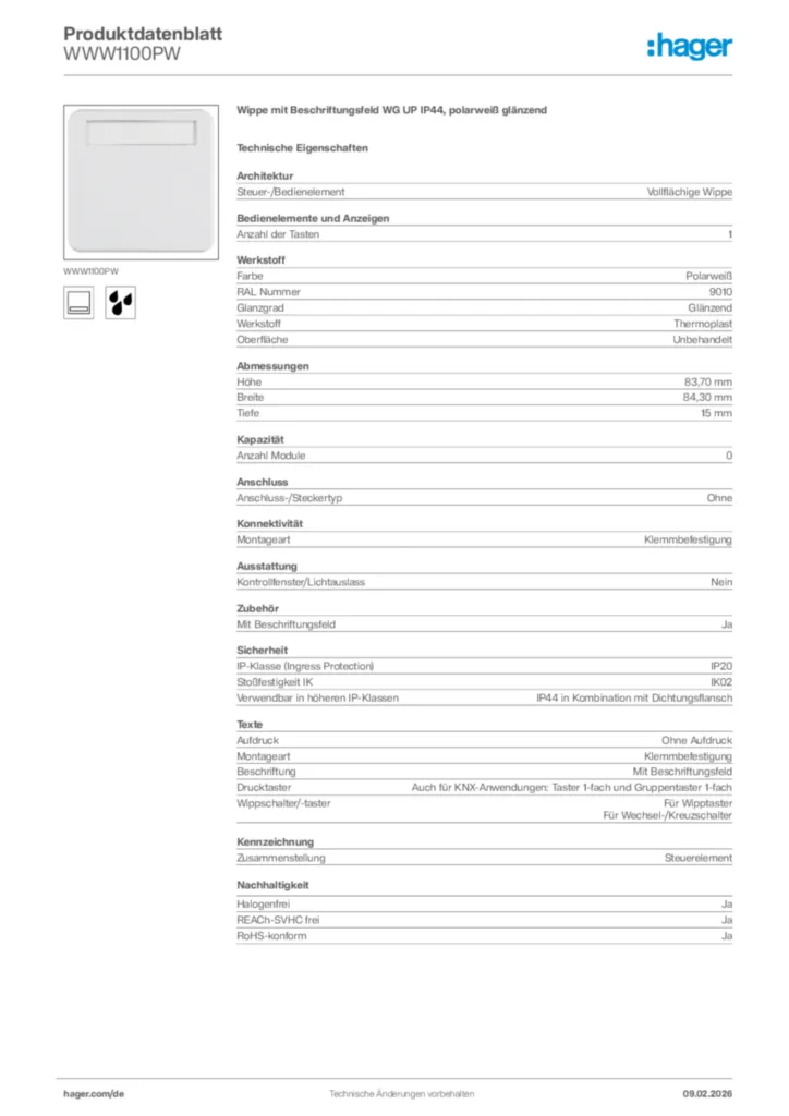 Bild Hager Produktdatenblatt WWW1100PW | Hager Deutschland