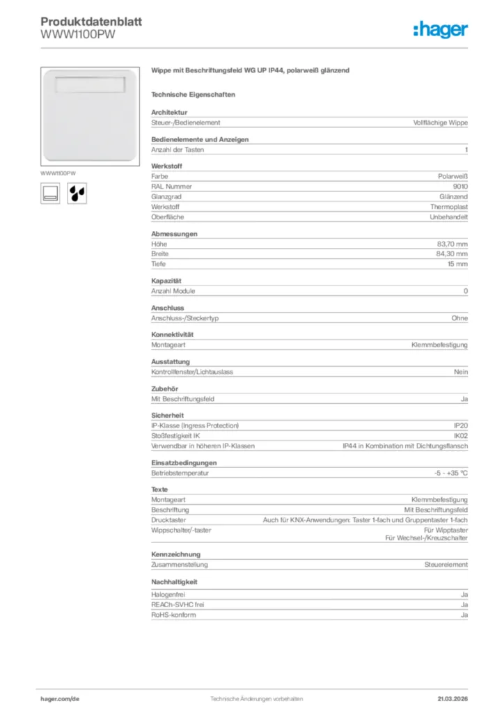 Bild Hager Produktdatenblatt WWW1100PW | Hager Deutschland